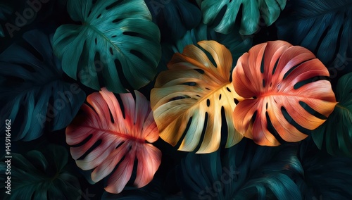 Wallpaper Mural Colorful monstera leaves with vibrant hues stand out against a dark, lush background of tropical foliage. Torontodigital.ca