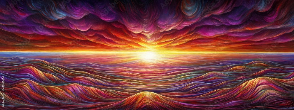 Vibrant sunset over a surreal sea of clouds. Bold colors swirl in a dreamlike landscape, with a bright sun rising above undulating layers of clouds Vibrant sunset over a surreal sea of clouds. Bold colors swirl in a dreamlike landscape, with a bright sun rising above undulating layers of clouds