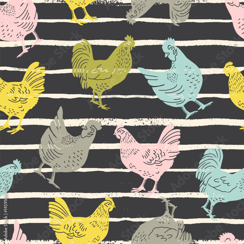 Pastel Hens on Grungy Stripes Vector Seamless Pattern