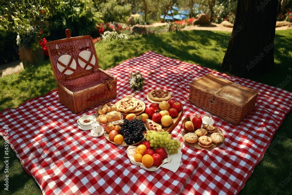 A picnic setup on a red checkered blanket with fruits, pastries, and baskets under a tree in a sunny, green outdoor area.
