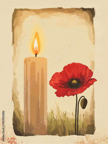 Vector postcard design, vintage photo frame with lit candle and red poppy flower, flat minimalist style, soft shadows on textured paper background, centered peaceful composition