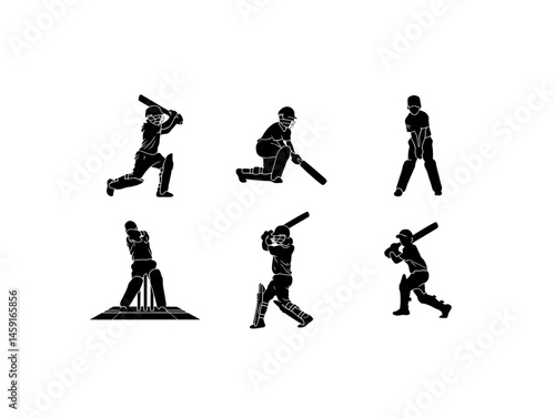 Cricket players action icons vector in black color isolated on white.