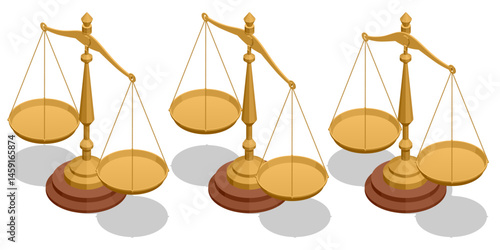 Set of three isometric justice scales in different balance positions, symbolizing legal decisions and fairness. AML Anti money laundering financial. Illegal money metaphor