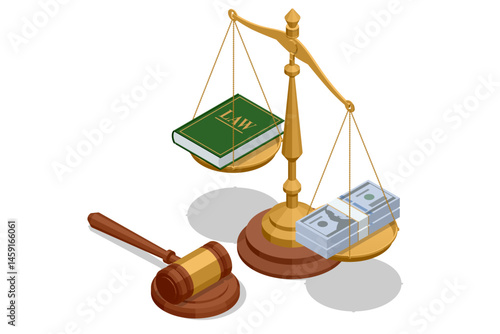 Isometric scales with law book on one side and money on the other, representing justice and corruption conflict. AML Anti money laundering financial. Illegal money metaphor