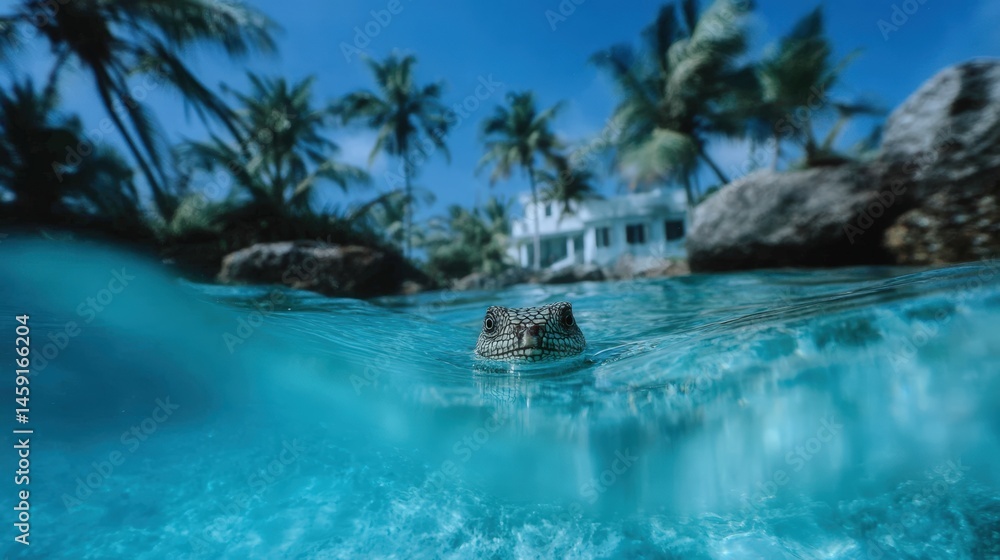 A turtle swims in crystal-clear tropical water near palm trees and a white house on a sunny day.