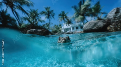 Obraz na płótnie A turtle swims in crystal-clear tropical water near palm trees and a white house on a sunny day. w salonie