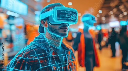 Obraz na płótnie VR experience in a bustling market. A person wearing VR headset interacts with a digital environment overlaid on real world w salonie
