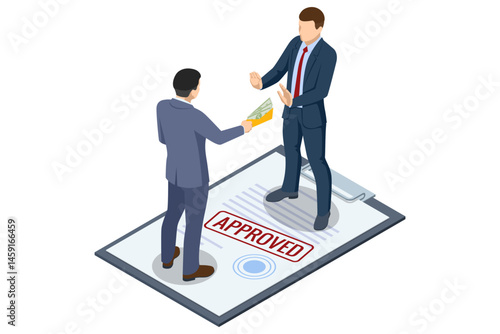 Isometric scene of a businessman tries to offer a bribe to an official standing on a large approved document, symbolizing corruption. Bribe attempt for approval. AML Anti money laundering financial.