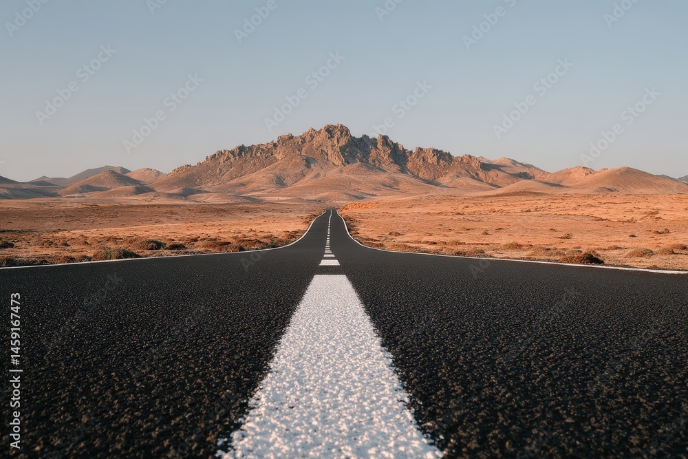 A straight road stretches into a barren desert landscape toward distant rugged mountains under a clear sky.