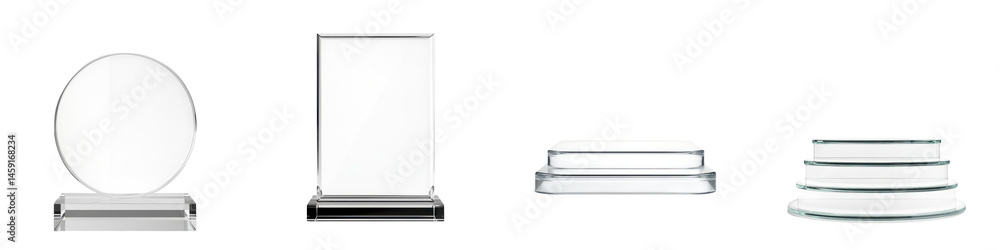 Obraz premium A collection of modern, minimalist glass display pedestals. long_title:A set of sleek, transparent glass pedestals in various geometric shapes and
