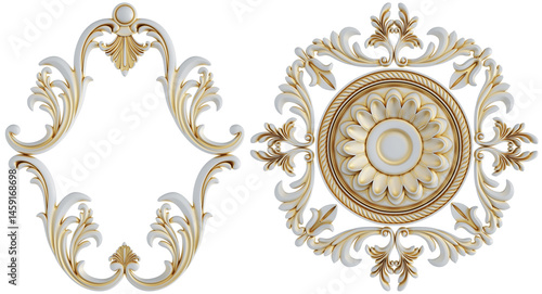 Gold patina ornament on transparent background, cut out, 3D render
