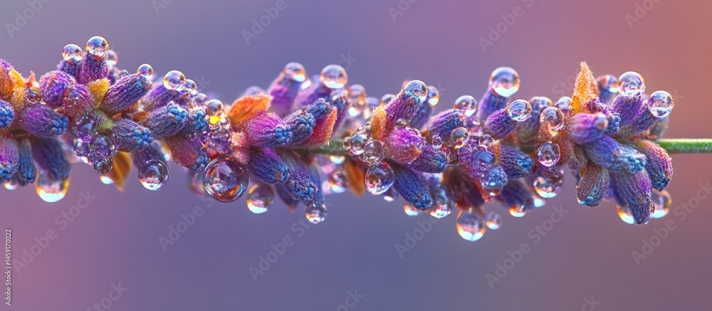 Delicate Lavender Blossoms Covered in Dew Drops