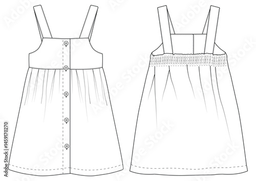Baby girls danim Pinafore fashion flat sketch template vector