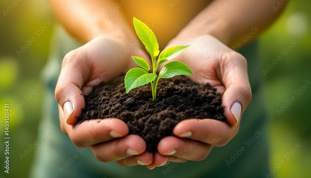 Woman holding green seedling on soil, top view. Space for text Woman holding green seedling on soil, top view. Space for text