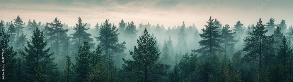 Obraz premium The tall forest is shrouded in a soft, misty haze, adding to the beautiful panoramic scenery.