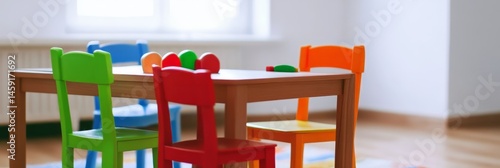 A small room with a few wooden chairs and a table. The chairs are empty and the table has a pencil and a cup on it. The room has a cozy and welcoming atmosphere