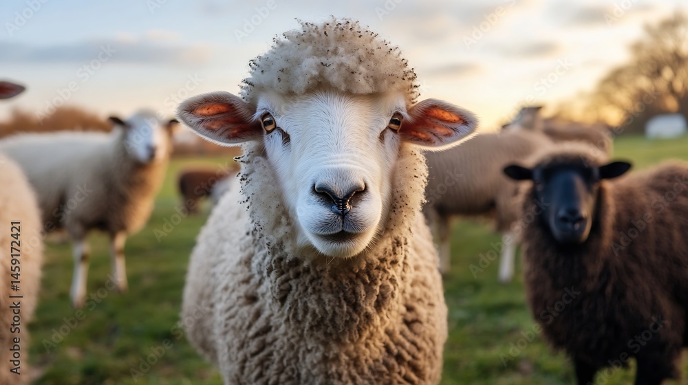 Fototapeta premium Close-up portrait of a fluffy white sheep in a field at sunset, other sheep blurred in the background. The sheep looks directly at the camera. : Generative AI