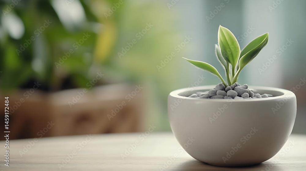 A small green plant sprouts in a minimalist white pot, sitting on a light wood table against a blurred background of greenery. : Generative AI A small green plant sprouts in a minimalist white pot, sitting on a light wood table against a blurred background of greenery. : Generative AI
