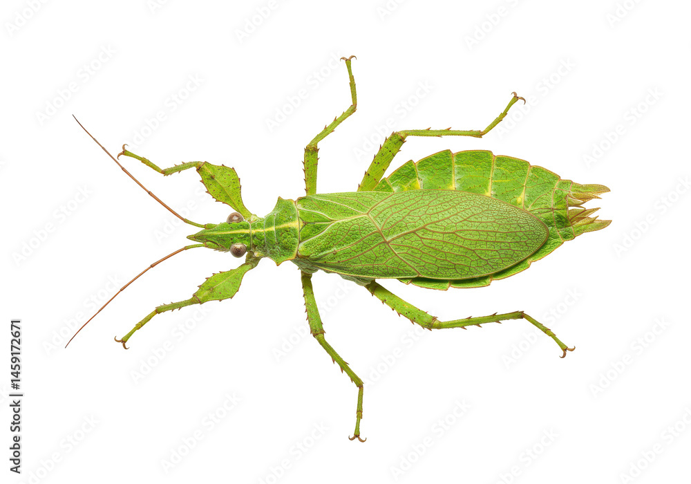 Fototapeta premium Leaf insect portrait on black Green intricate mimicry revealed