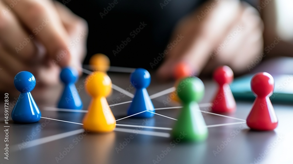 Obraz premium A person's hands subtly adjust a network of colorful game pieces, representing interconnectedness and strategic planning. The image depicts a complex system of relationships and colla : Generative AI