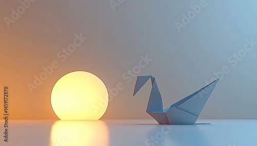 A serene origami crane, bathed in warm sunlight, reflecting on a calm surface