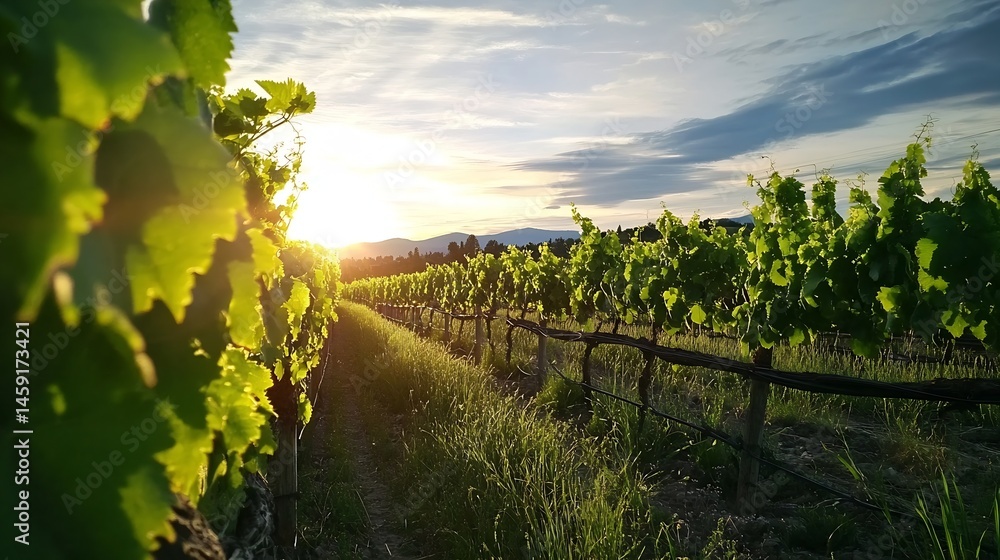 Fototapeta premium Sunset illuminates rows of vibrant green grapevines in a picturesque vineyard, bathed in the golden light of the setting sun, creating a serene and idyllic landscape. : Generative AI