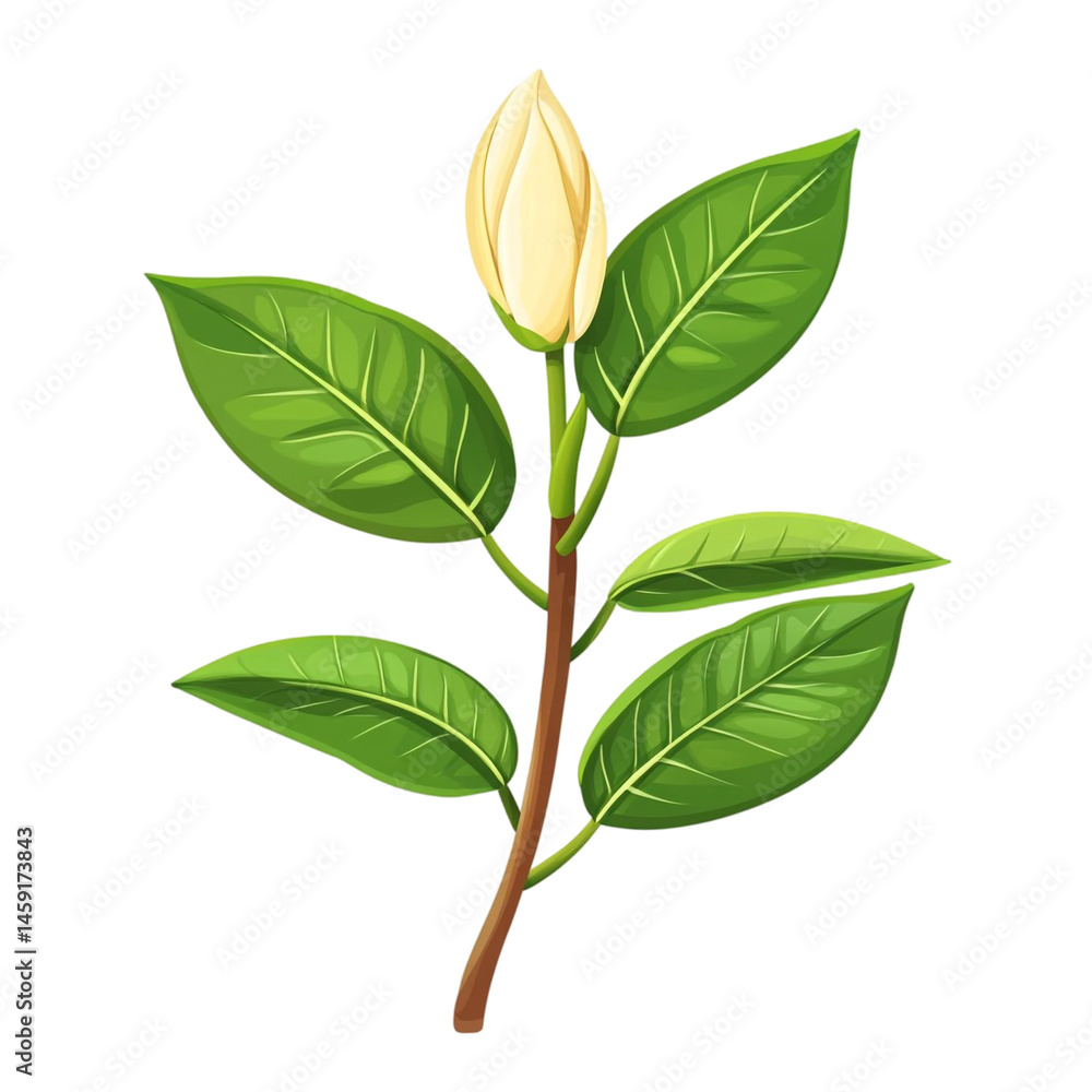 Fototapeta premium A single cream magnolia bud on a stem with several green leaves