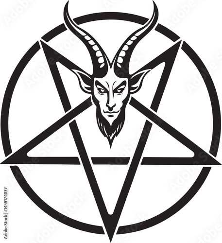 Satan Emblem, Pentagram with Demon, Black Magic, Black and White Vector Illustration, Sketch Drawing Line Linear Symbol Icon Engraving, Hand-drawn Isolated
