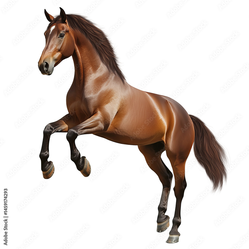 Obraz premium A majestic brown horse rearing up on its hind legs, showcasing strength and elegance. The horse has a sleek coat and flowing mane