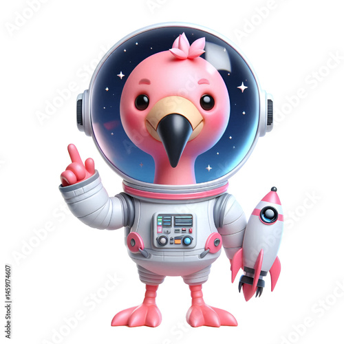 Cute and happy 3d flamingo astronaut isolated on white background