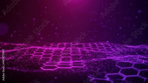 Abstract Hexagons Glowing with Futuristic Particles in Purple Space
