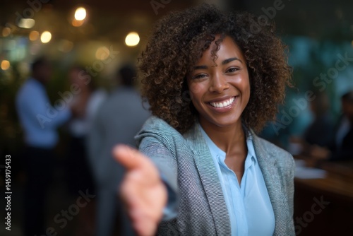 A confident businesswoman extending her hand toward the camera for a handshake, with a friendly, helpful gesture, symbolizing support and partnership