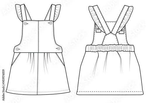 Baby girls danim Pinafore fashion flat sketch template vector