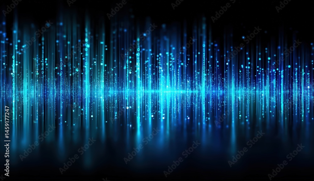 A glowing blue digital soundwave with vertical lines and sparkling lights on a dark background.
