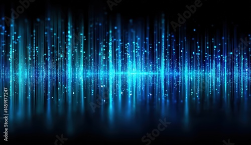 A glowing blue digital soundwave with vertical lines and sparkling lights on a dark background.