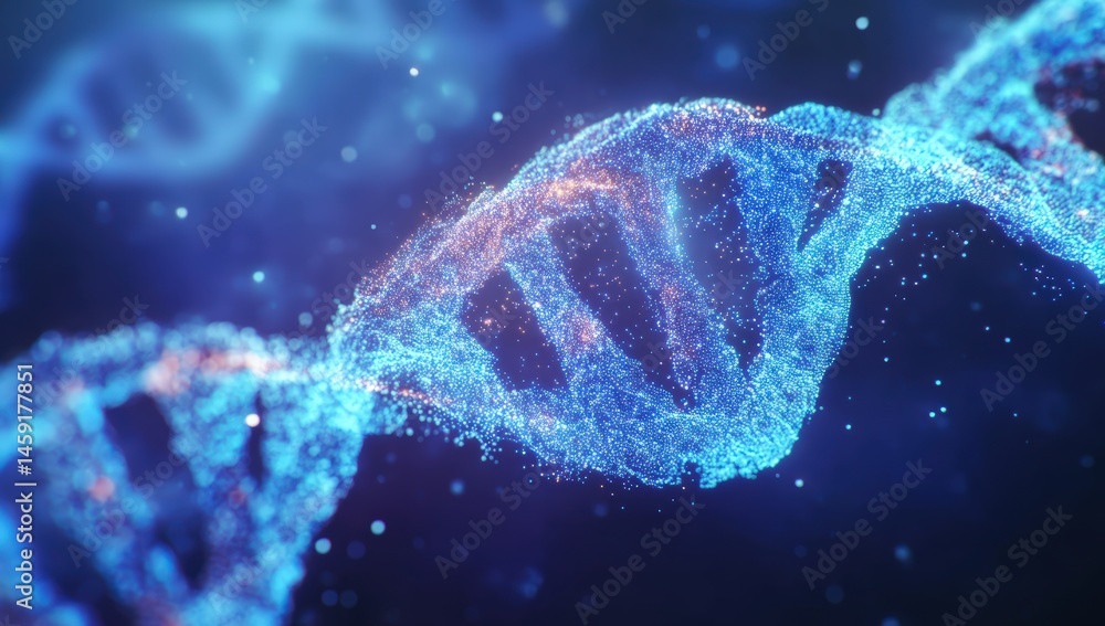 A close-up digital illustration of a glowing DNA double helix strand, symbolizing genetics and molecular biology.