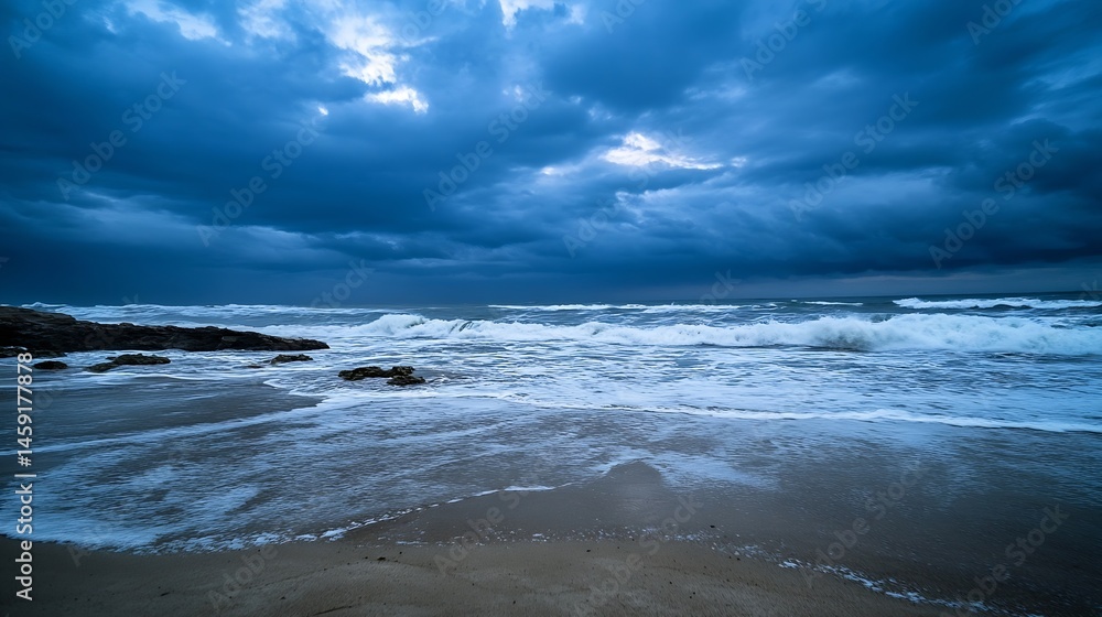 Dramatic ocean waves crashing on a sandy beach under a brooding, dark blue sky. The powerful waves create white foam as they roll onto the shore. : Generative AI Dramatic ocean waves crashing on a sandy beach under a brooding, dark blue sky. The powerful waves create white foam as they roll onto the shore. : Generative AI