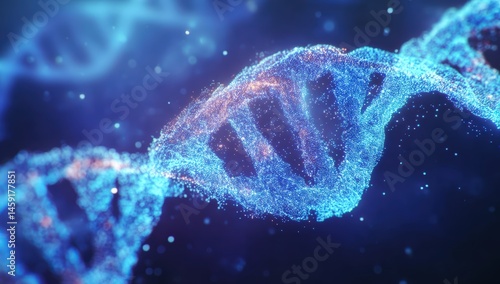Obraz na płótnie A close-up digital illustration of a glowing DNA double helix strand, symbolizing genetics and molecular biology. w salonie