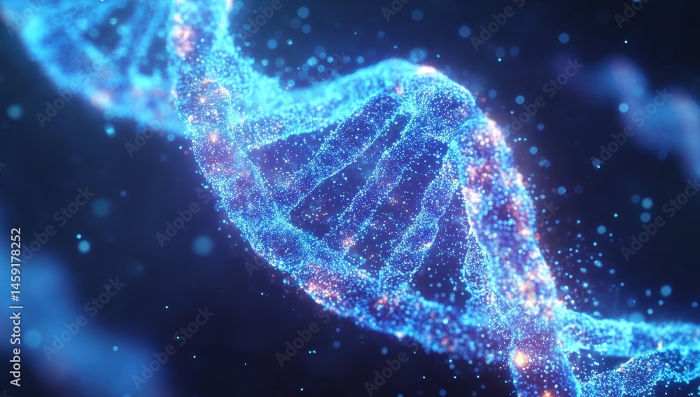 A glowing, digital representation of a DNA double helix strand on a dark background.