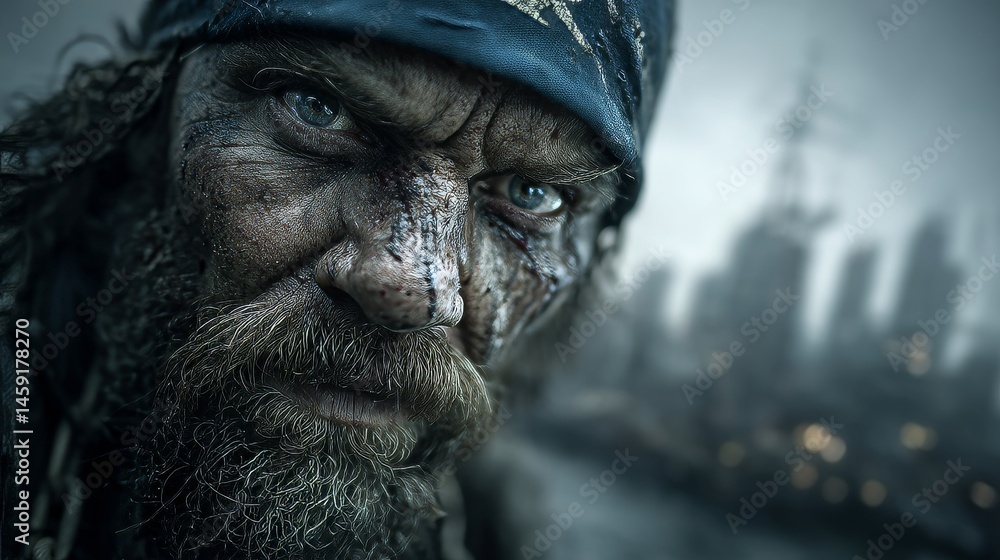 A rugged fisherman in navy attire gazes intently toward a distant post-apocalyptic city A rugged fisherman in navy attire gazes intently toward a distant post-apocalyptic city