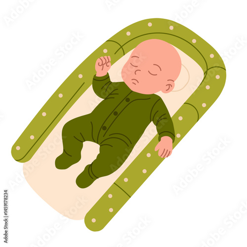 Newborn baby sleeping in green baby cocoon bed with light padding and dark green pajamas