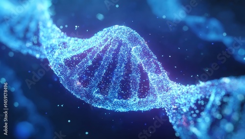 A glowing blue digital representation of a DNA double helix strand on a dark background.