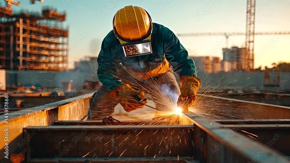 Construction worker welding metal beams at sunset. Construction worker welding metal beams at sunset.