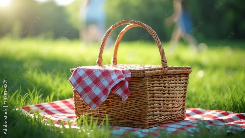 Grass-covered picnic basket in a natural setting. Chill summer vibes and relaxation. Going out for a picnic. Grass-covered picnic basket in a natural setting. Chill summer vibes and relaxation. Going out for a picnic.