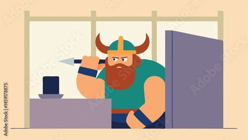 Side View of a Viking in a Cubicle A side view of the Viking warrior in a cubicle surrounded by beige fabric partitions. His muscular build contrasts with the small office setting.