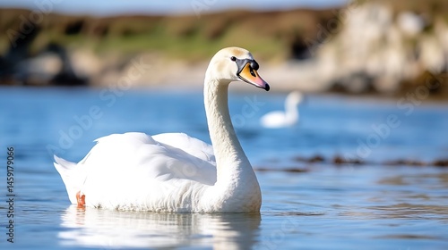 Elegant white swan gracefully swimming in calm blue water, near a rocky shore under a bright sunny sky.  The swan's reflection is visible on the water's surface. : Generative AI