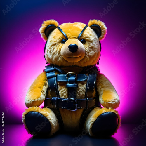 toy bear dressed in leather belts harness accessory for BDSM games on a dark background in neon light