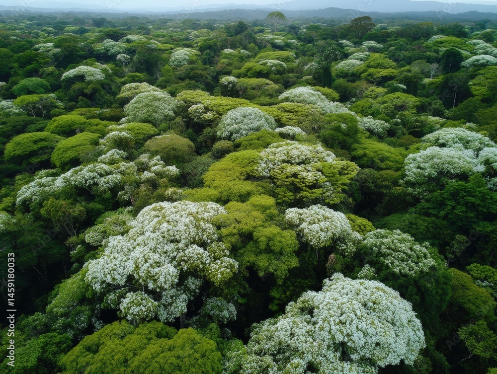 A lush, dense tropical forest canopy viewed from above, with vibrant green and white foliage stretching to the horizon.