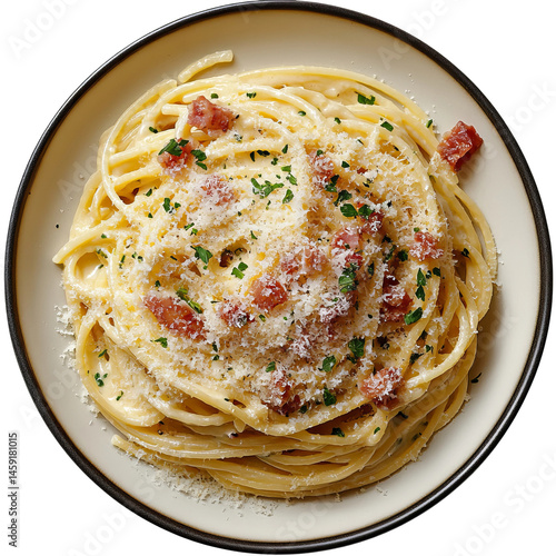A delectable plate of spaghetti carbonara, a classic Italian dish