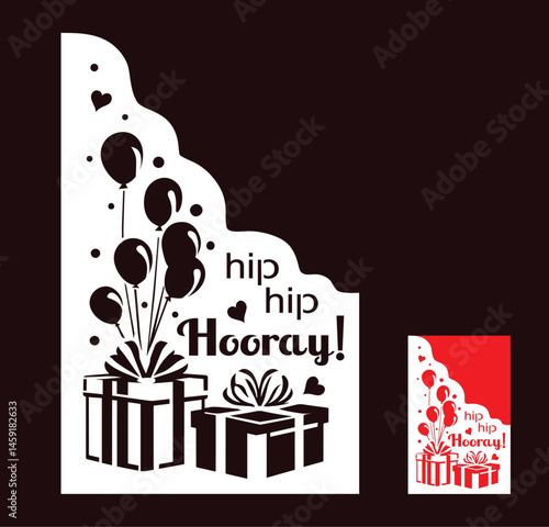 Paper cut out birthday card with gifts, balloons and text